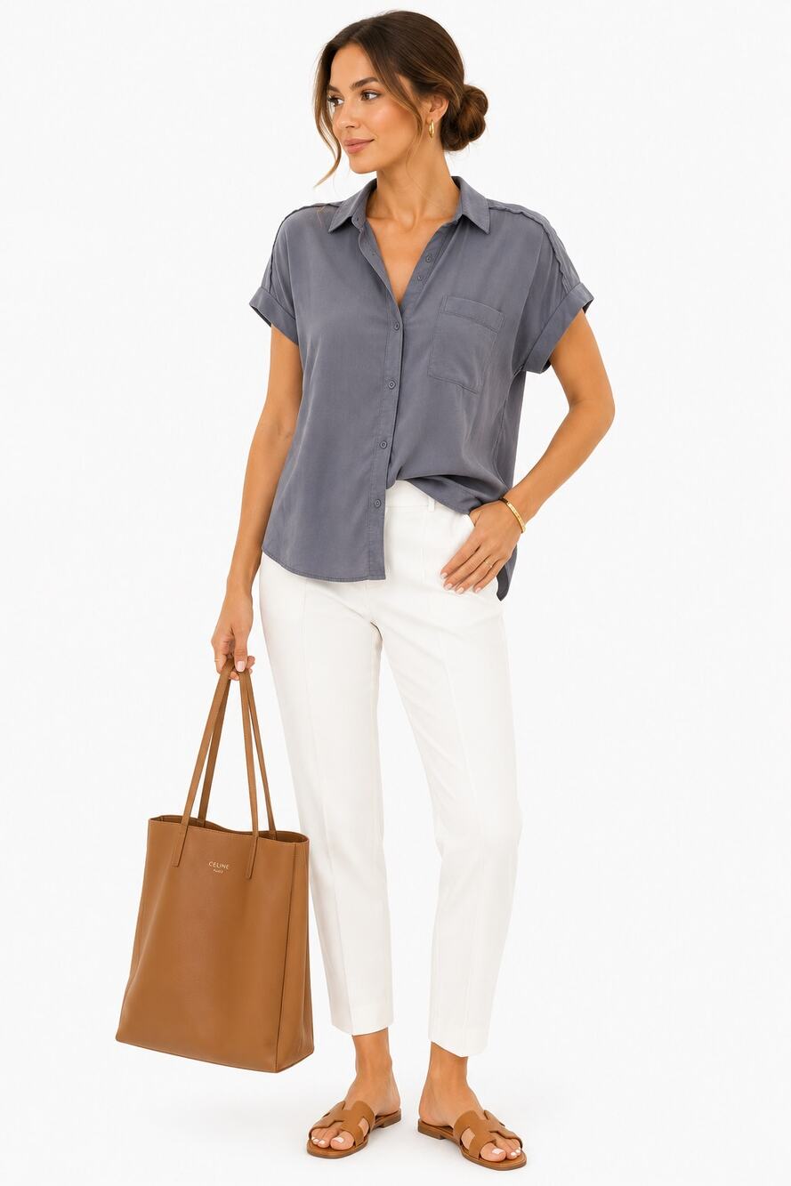 Splendid Paige Shirt Plum Gray Button Front Short Sleeve Relaxed Top Size M